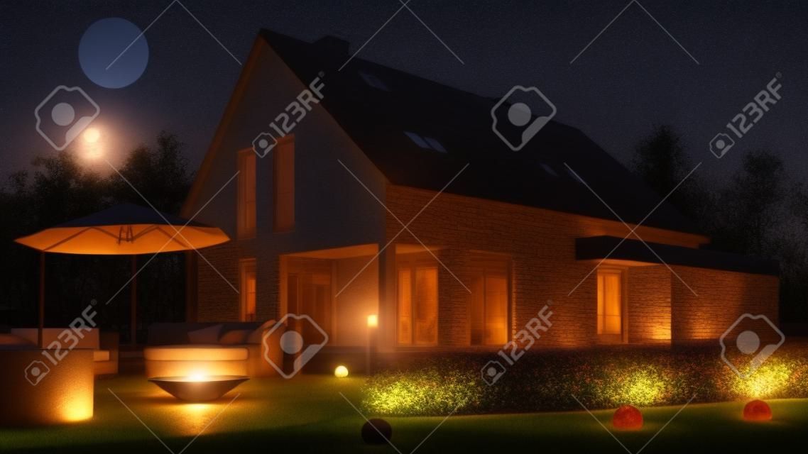 Licht im Garten des Einfamilienhauses mit Feuerschale nachts bei Vollmond (3D-Darstellung)