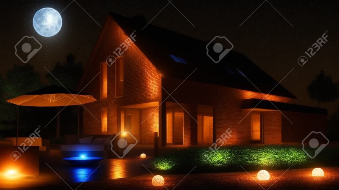 Lumière dans le jardin de la maison familiale avec foyer la nuit à la pleine lune (rendu 3D)