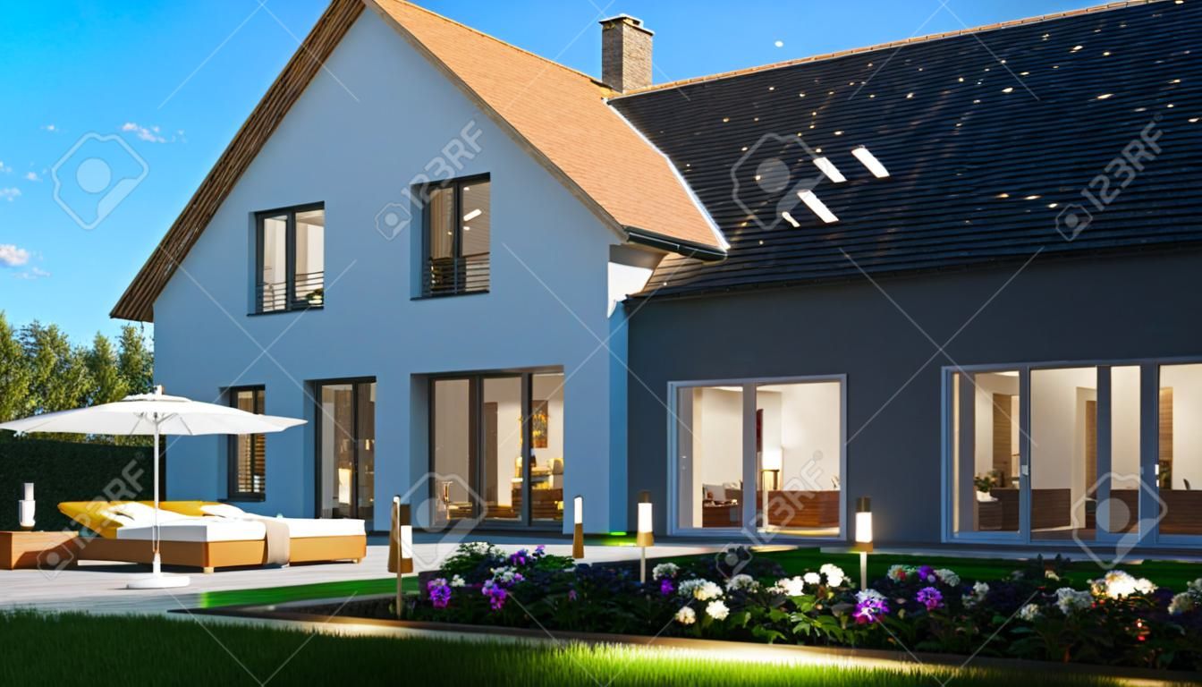 Huis met tuin overdag en's nachts in hetzelfde perspectief (3D rendering)