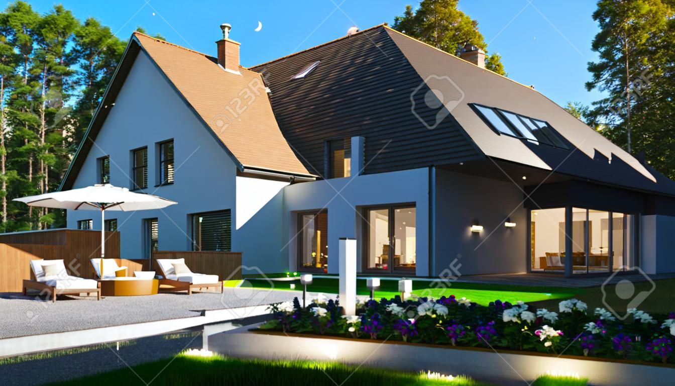 House with garden during the day and at night in the same perspective (3D rendering)