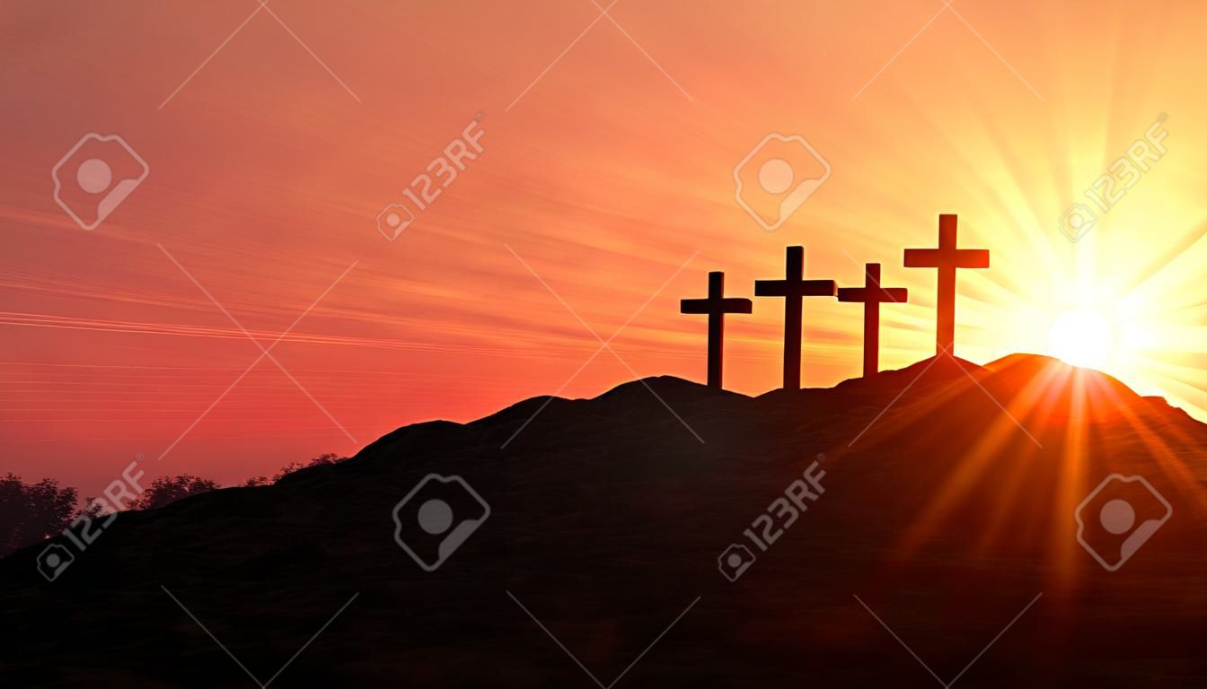 3 Kreuze auf dem Hügel bei Sonnenuntergang