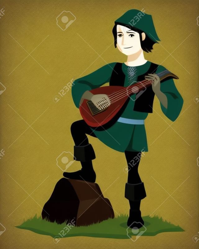 Cartoon Illustration von einem hübschen mittelalterlichen Barden mit einer Laute