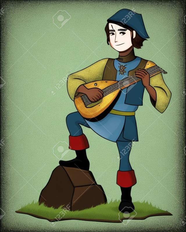 Cartoon illustration of a handsome medieval bard with a lute