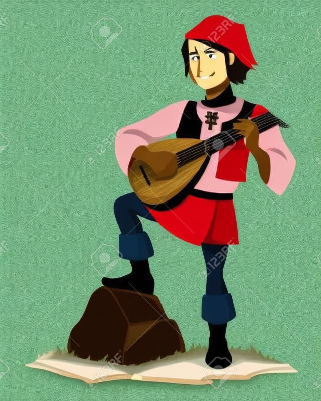 Cartoon illustration of a handsome medieval bard with a lute