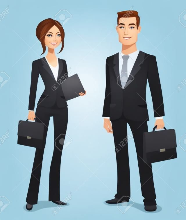 Молодой мужчина и женщина в элегантном деловом костюме