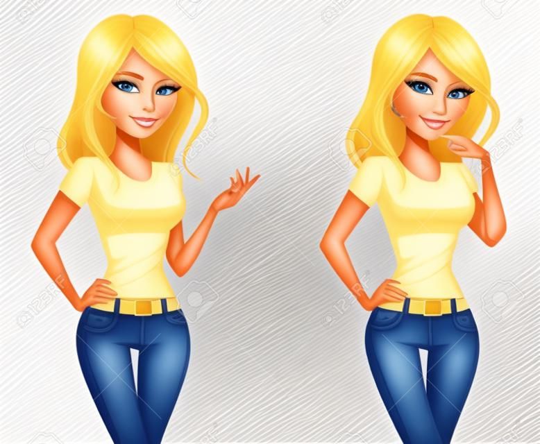 Cute blonde Cartoon Mädchen in Jeans