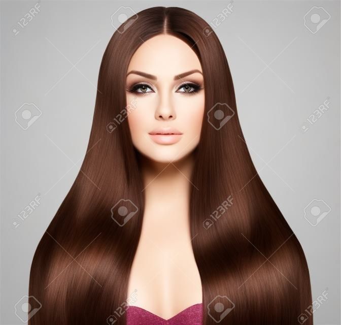 Szépség nő, hosszú egészséges és csillogó Smooth Brown Hair