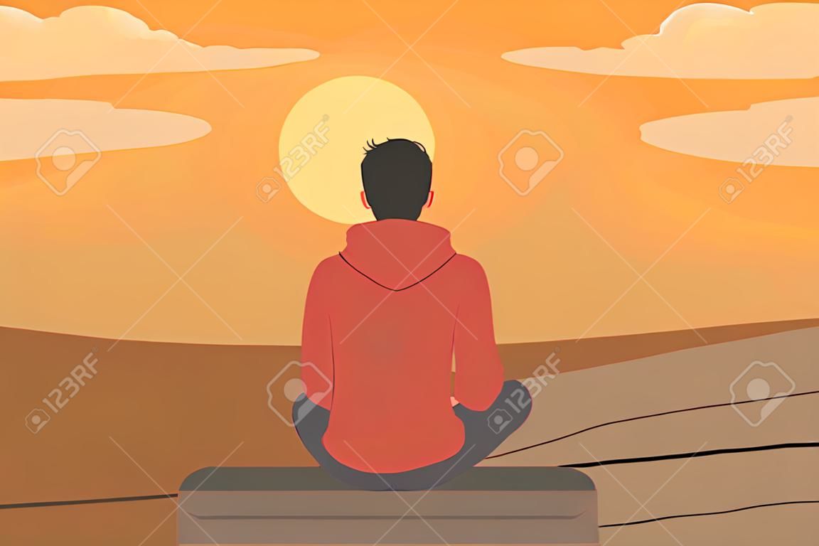 The young man sat and watched the sunrise in the morning, as long as he was alive, there was always hope. vector illustration