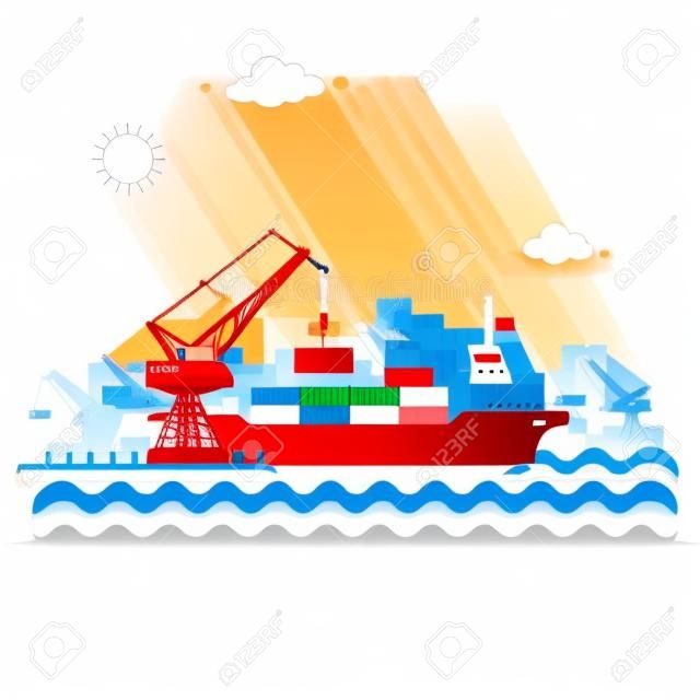 Landscape Seaport. De kraan die uitlaadt. Carrier, Kranen in Port Load Containers op het Containerschip. Platte vector illustratie