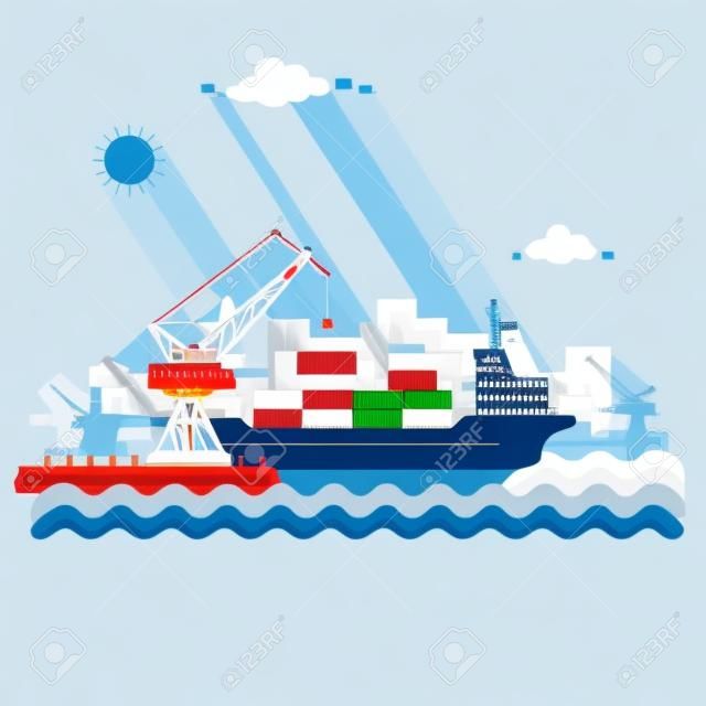 Landscape seaport. The crane which unloads. Carrier, Cranes in Port Load Containers on the Container Ship. Flat vector illustration