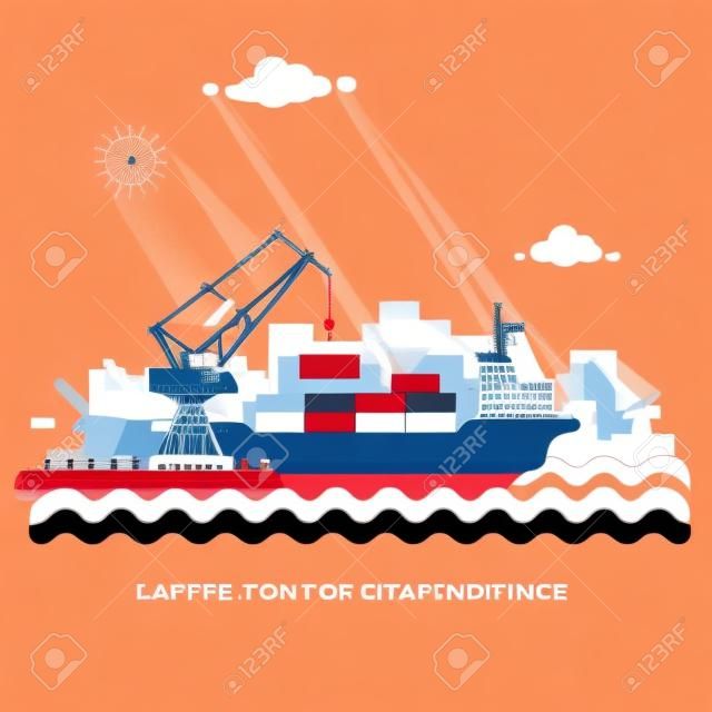 Landscape seaport. The crane which unloads. Carrier, Cranes in Port Load Containers on the Container Ship. Flat vector illustration