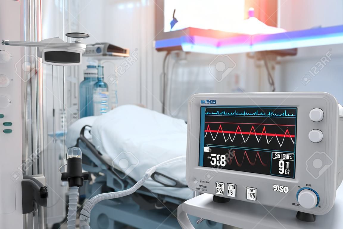 Moniteur cardiaque avec lignes ECG sur fond de patient critique dans l'unité de soins intensifs.