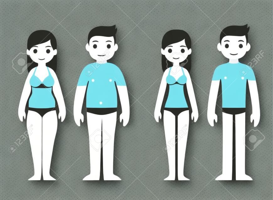 Cute cartoon man and woman in underwear with male and female symbols above.