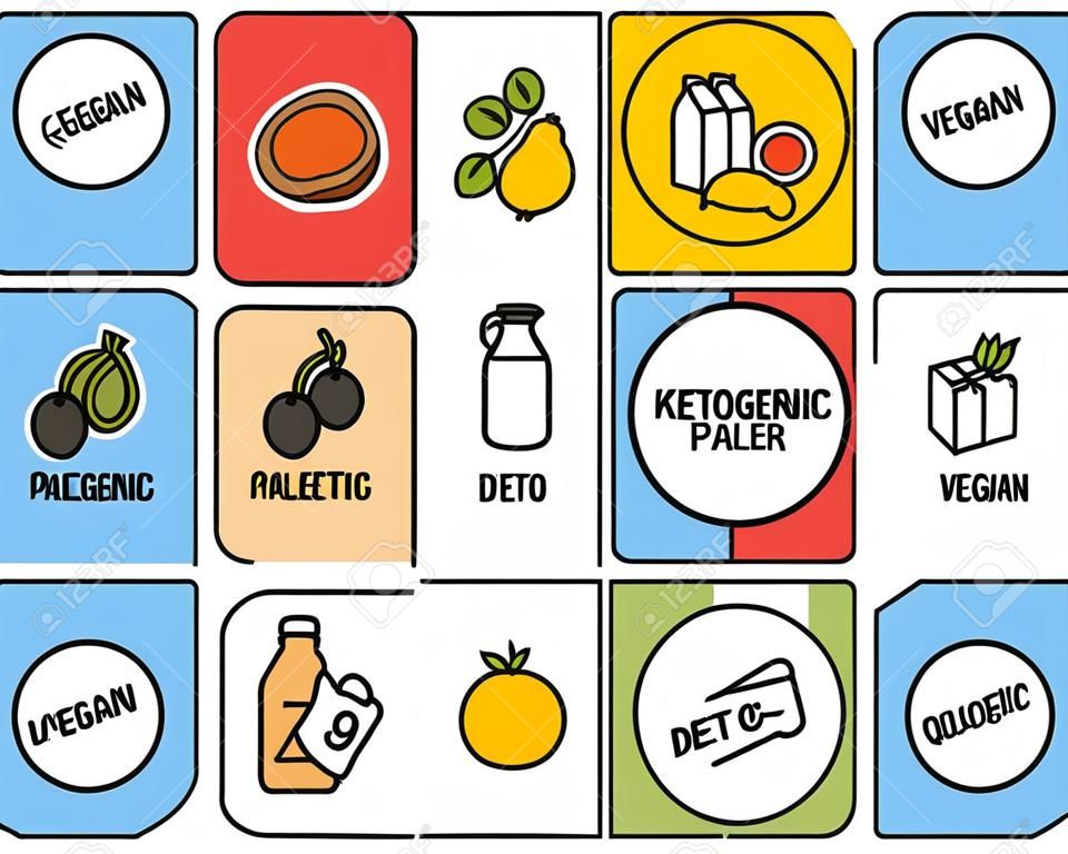 Set of colorful round icons of various diets and ingredient labels. Including ketogenic paleolitic vegetarian vegan and more.