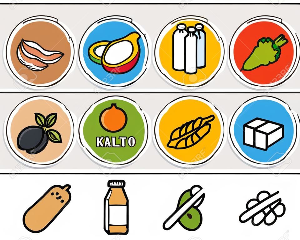 Ensemble de rondes icônes colorées de différents régimes et les étiquettes des ingrédients. Y compris cétogène végétarien paléolithique et plus encore.