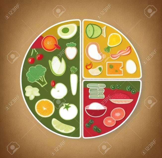 Infographies alimentation saine: recommandations nutritionnelles pour le contenu d'une assiette.