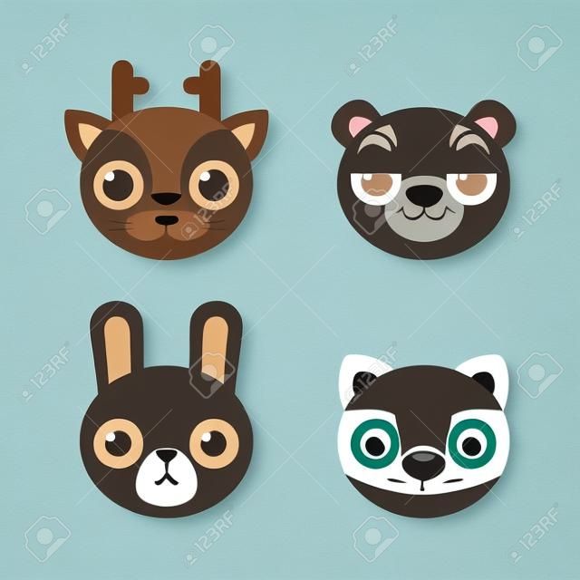 Set of 4 cute forest animal heads: deer, bear, rabbit and raccoon. Flat cartoon style.