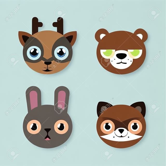Set of 4 cute forest animal heads: deer, bear, rabbit and raccoon. Flat cartoon style.