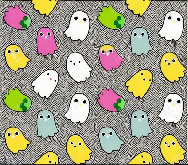 Seamless pattern of adorable cartoon ghosts on black background.