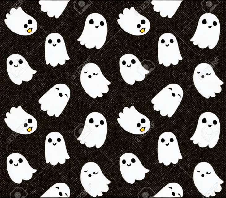 Seamless pattern of adorable cartoon ghosts on black background.