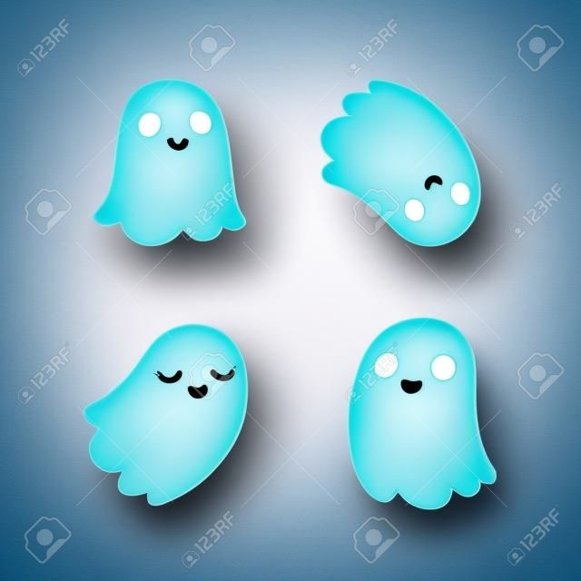 Set of four adorable cartoon ghosts with different facial expressions.