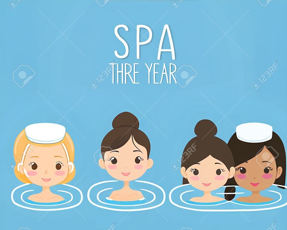 Three pretty girls taking bath in hot springs. Spa and relaxation. Simple flat cartoon style.