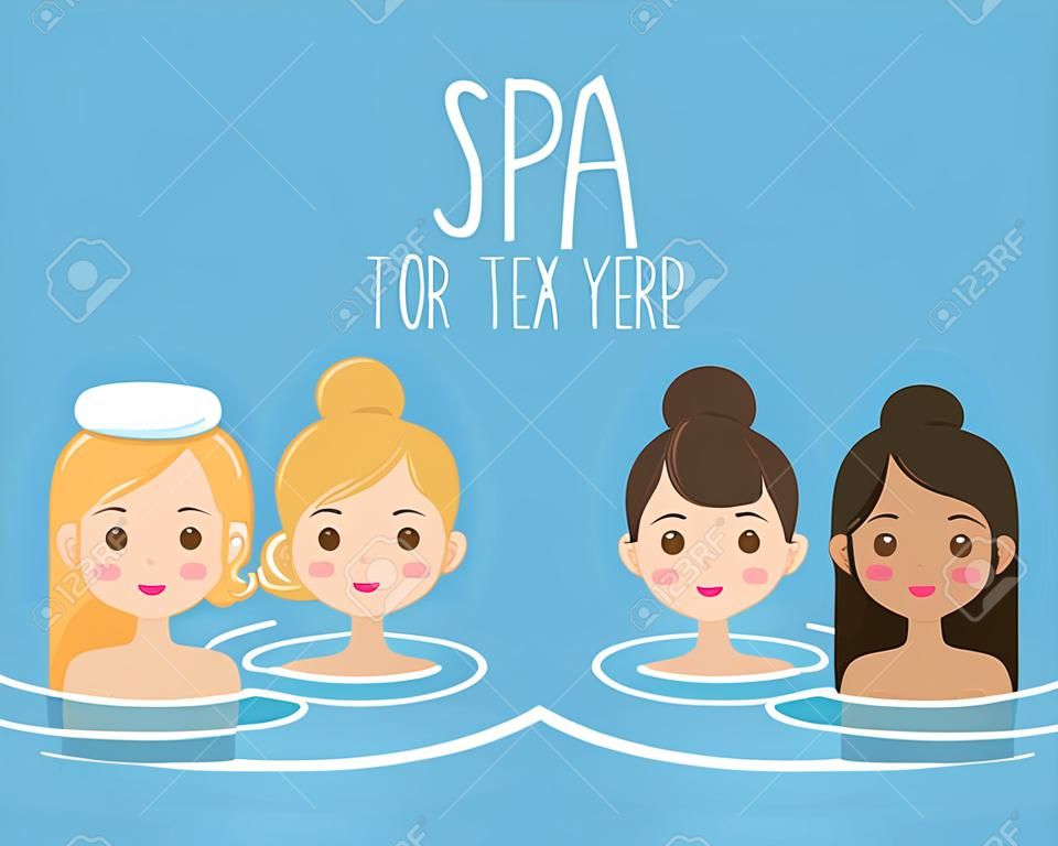 Three pretty girls taking bath in hot springs. Spa and relaxation. Simple flat cartoon style.