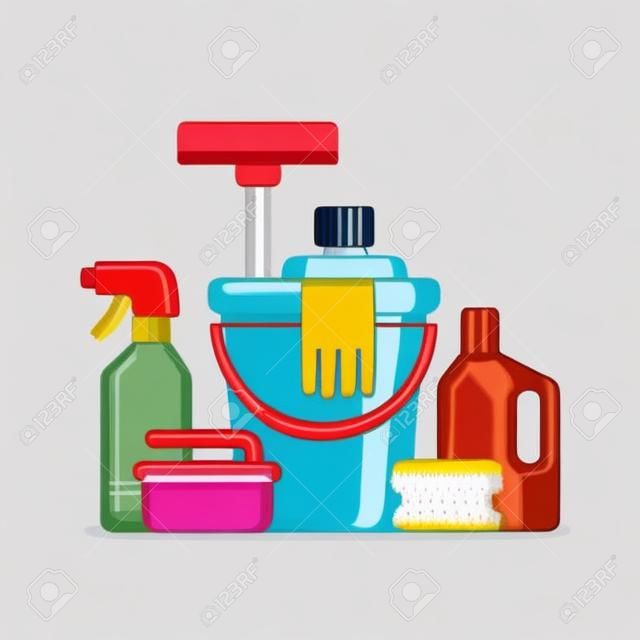 Cleaning supplies still life in flat cartoon style. Vector illustration.