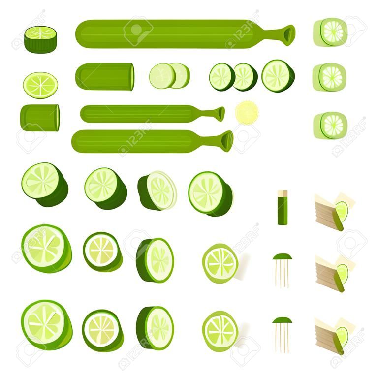Verse komkommer - gesneden, in blokjes gesneden en gesneden in lucifervorm. Kookillustratie in moderne platte stijl.