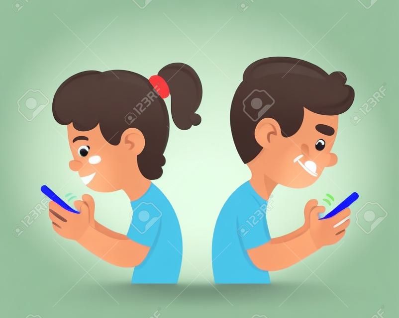 Menino e menina de desenhos animados usando smartphones para jogar jogos ou mensagens de texto. Crianças e vício em smartphones.