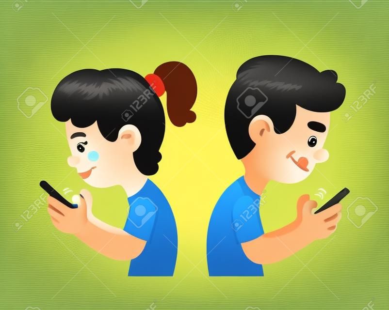 Cartoon boy and girl using smartphones for playing games or texting. Children and smartphone addiction.