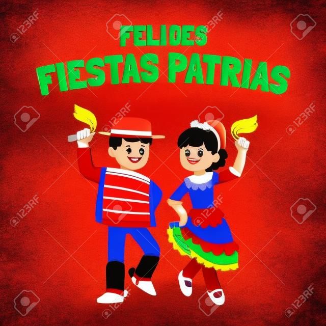 Felices Fiestas Patrias (spanish) - Gelukkige onafhankelijkheid Dag in Chili, 18 september. Leuke cartoon kinderen in nationale kostuums dansen Cueca, traditionele dans.