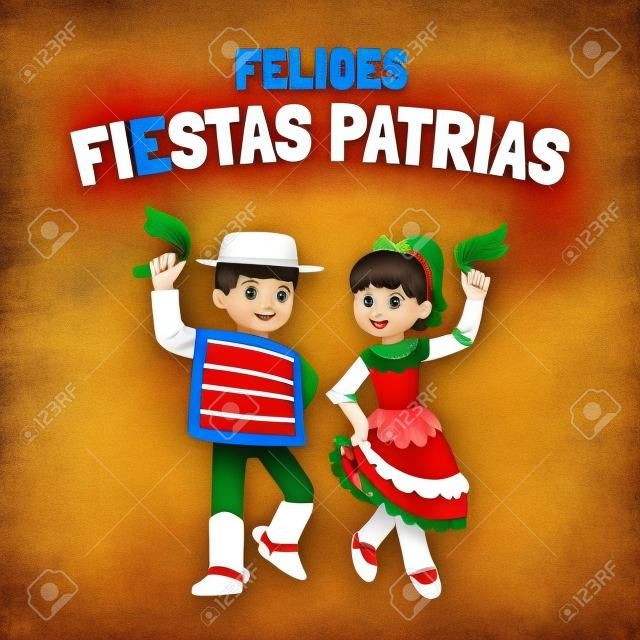 Felices Fiestas Patrias (spanish) - Gelukkige onafhankelijkheid Dag in Chili, 18 september. Leuke cartoon kinderen in nationale kostuums dansen Cueca, traditionele dans.