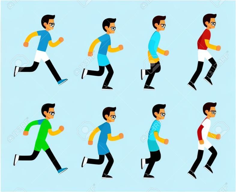 Running man set. 8 frame loop. Flat cartoon style vector illustration.