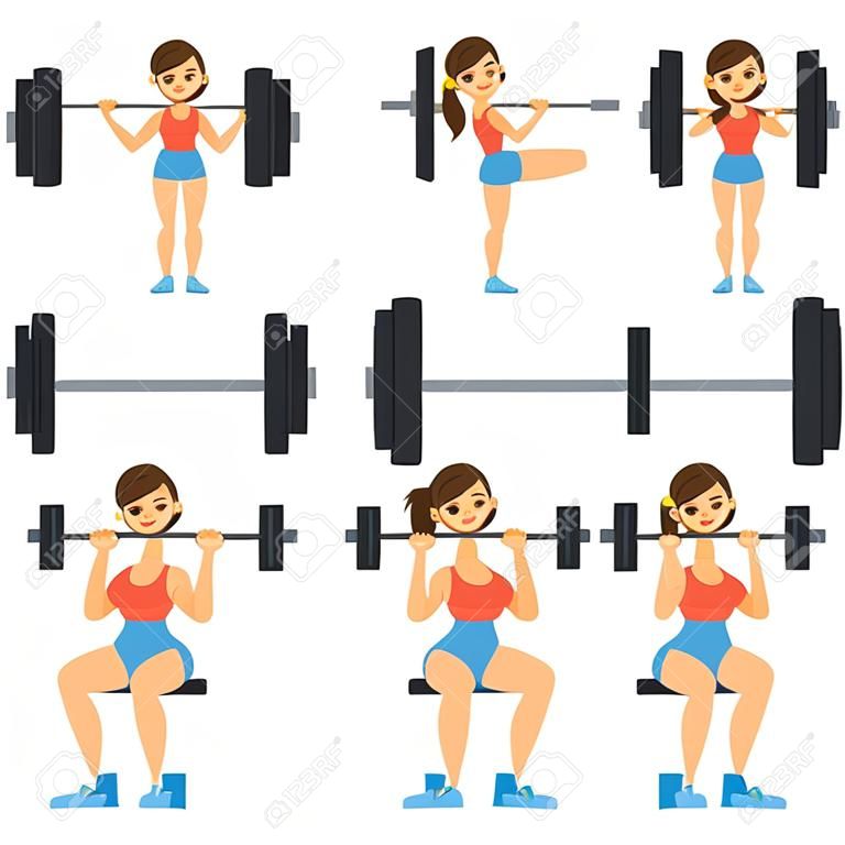 Cartoon vrouw haltertraining. Gewichthefoefeningen: hurken, deadlift, bovendruk. Platte vector stijl fitness illustratie.
