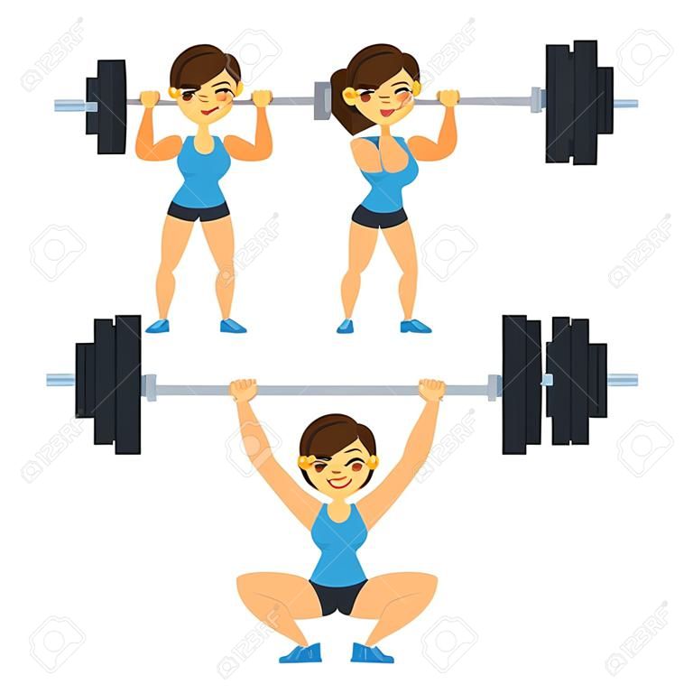 Cartoon vrouw haltertraining. Gewichthefoefeningen: hurken, deadlift, bovendruk. Platte vector stijl fitness illustratie.