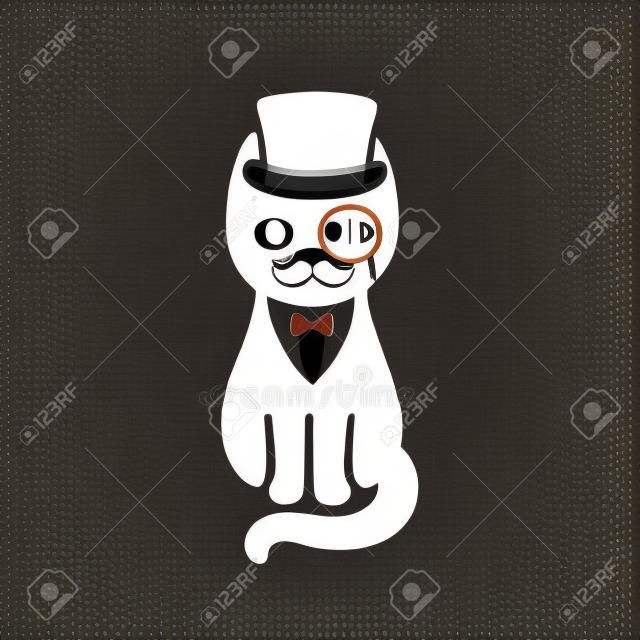 Gentleman cat with top hat and monocle. Funny cartoon vector drawing. Black and white cat with mustache wearing tuxedo and bow tie.