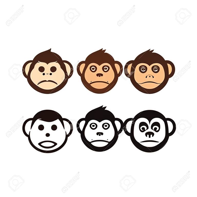 三只明智的猴子矢量图标。彩色和黑白版本。