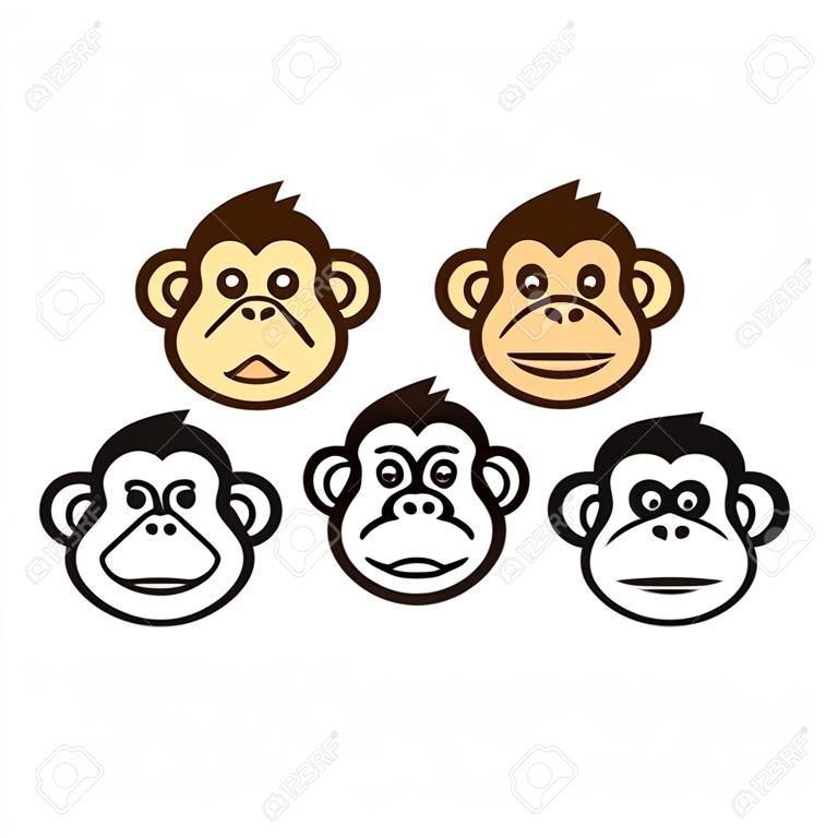 Tres iconos del vector monos sabios. Versión de color y blanco y negro.