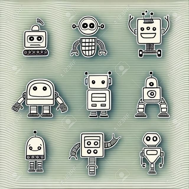 Cute little cartoon robots set. Hand drawn doodle style vector illustration.