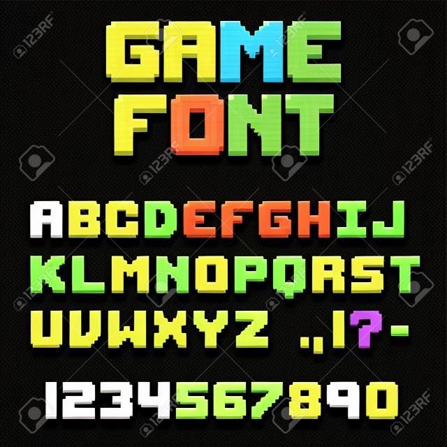ピクセル レトロなビデオゲームのフォント。8 ビットの文字と数字の書体。