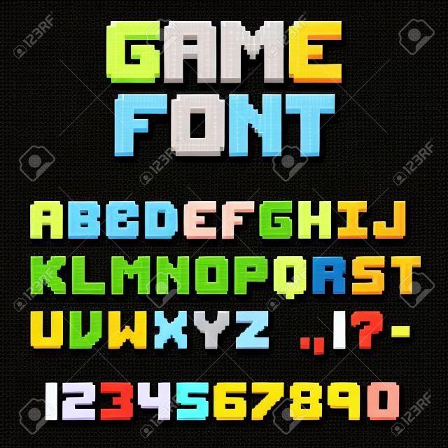 Pixel Retro Videospiel Schriftart. 8-Bit-Buchstaben und Zahlen Schriftart.