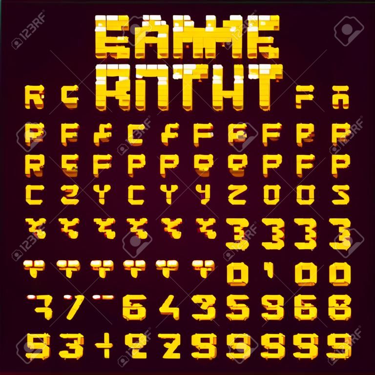 Pixel retro videojáték betűtípus. 8 bites betűk és számok.