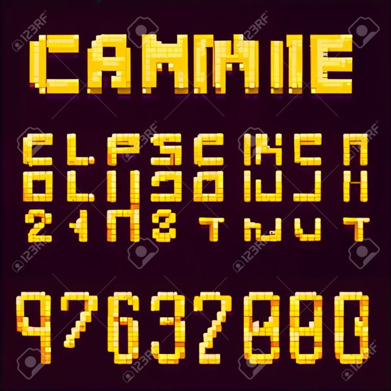 ピクセル レトロなビデオゲームのフォント。8 ビットの文字と数字の書体。