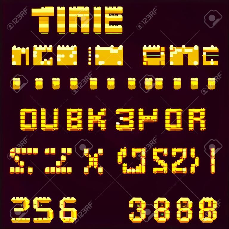 Pixel Retro Videospiel Schriftart. 8-Bit-Buchstaben und Zahlen Schriftart.