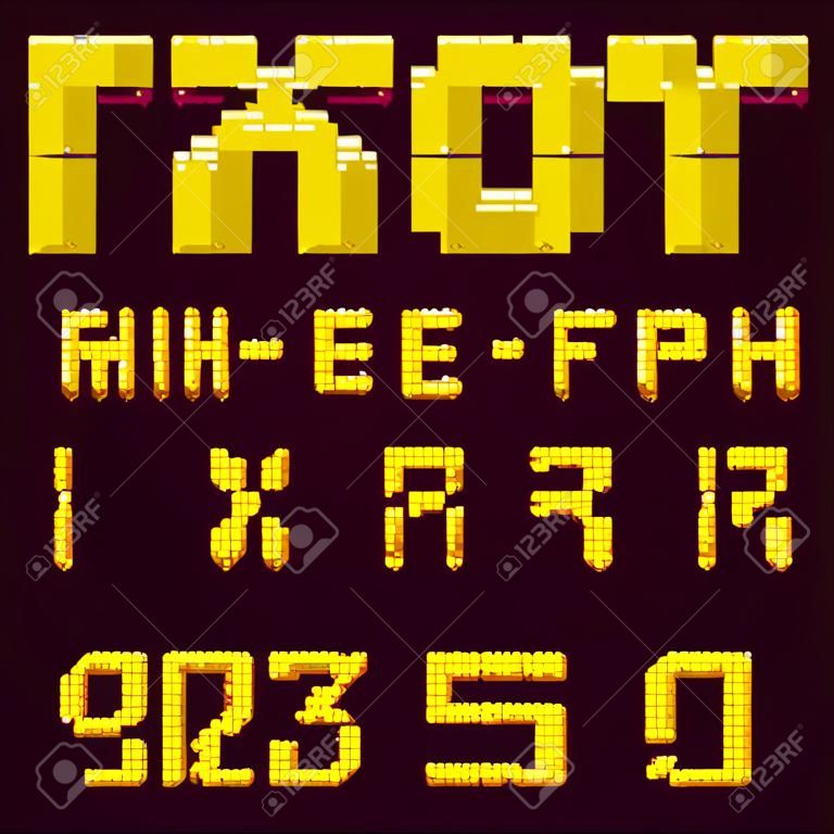 Pixel retro video game font. 8 bit letters and numbers typeface.