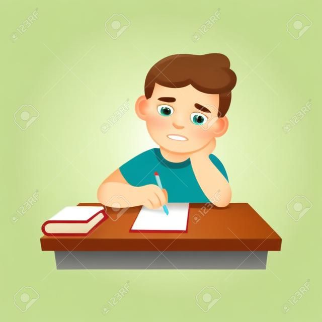 Unatkozó srác csinál házi feladatot, vagy ül unalmas iskolai óra. Aranyos rajzfilm vektoros illusztráció.