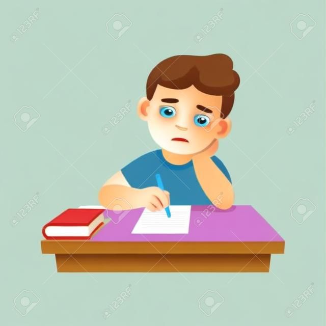 Criança enfadonha fazendo lição de casa ou sentado na lição de escola chata. Ilustração vetorial de desenhos animados bonito.