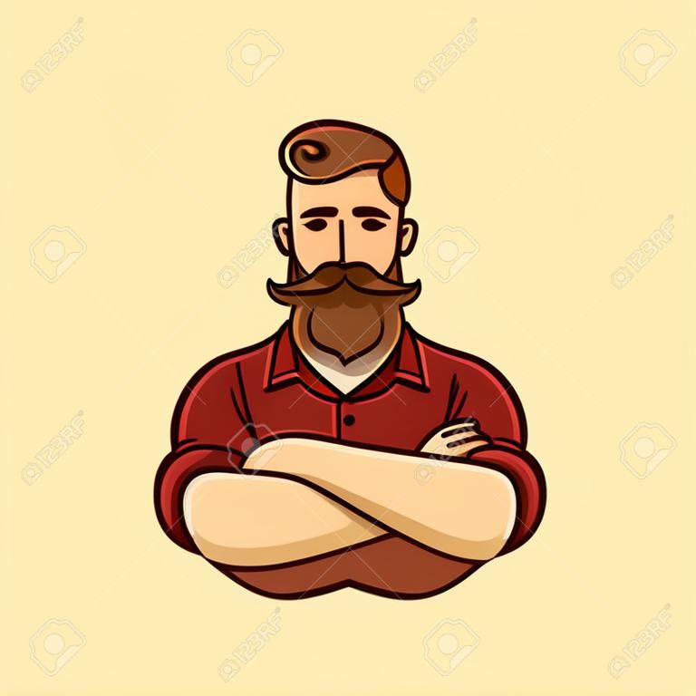Tekening van de man met baard en snor met gekruiste armen. Stijlvolle hipster illustratie.