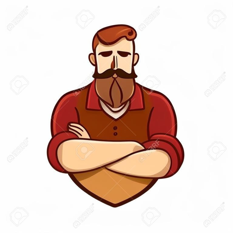 Zeichnung des Mannes mit Bart und Schnurrbart mit gekreuzten Armen. Stilvolle Hipster-Illustration.